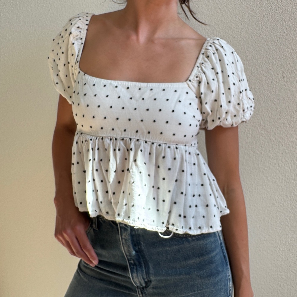 White Polka Dot Puff Sleeve Top